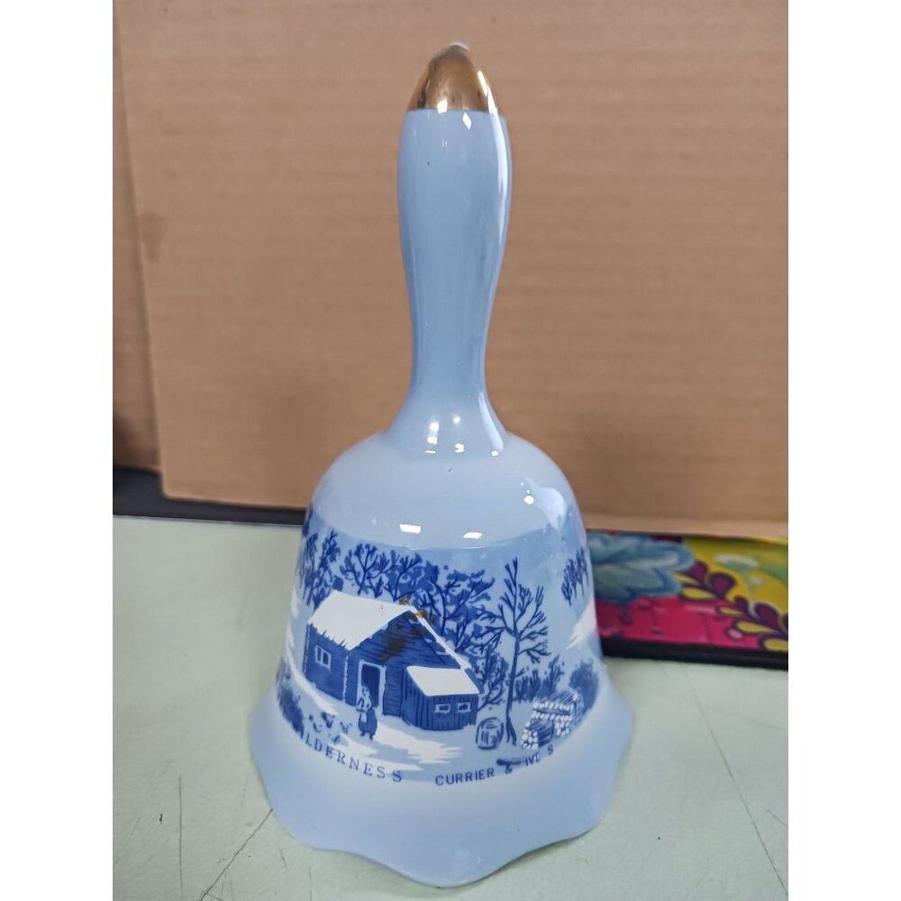 Currier & Ives Blue Porcelain Bell "Home In The Wilderness" 5.5in Tall Vintage